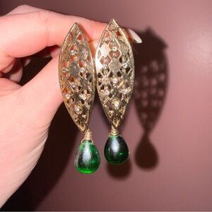 Indian Elegant Gold and Green Teardrop Earrings